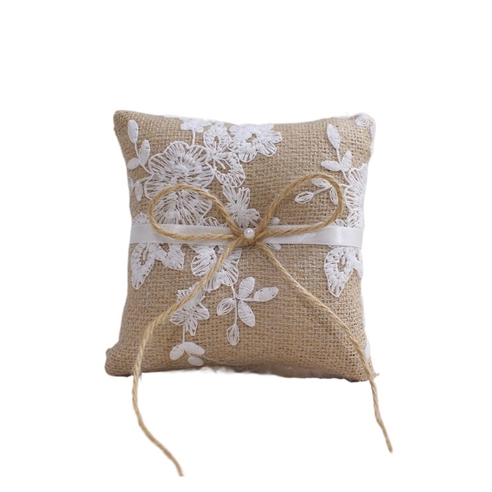 Hochzeit Ringhalter Kissen Ringkissen mit Spitze, Schleife, Vintage-Stil, for Hochzeit, Verlobung, Dekoration, Schmuck, Ringe, Kissen, Vintage-Jute-Kissen aus Sackleinen