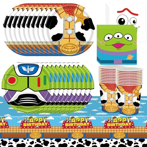Conjunto de louça de festa de aniversário de brinquedo de 61 peças, material de decoração de festa para meninos e meninas, inclui pratos, copos, lenços, toalha de mesa (20 convidados)