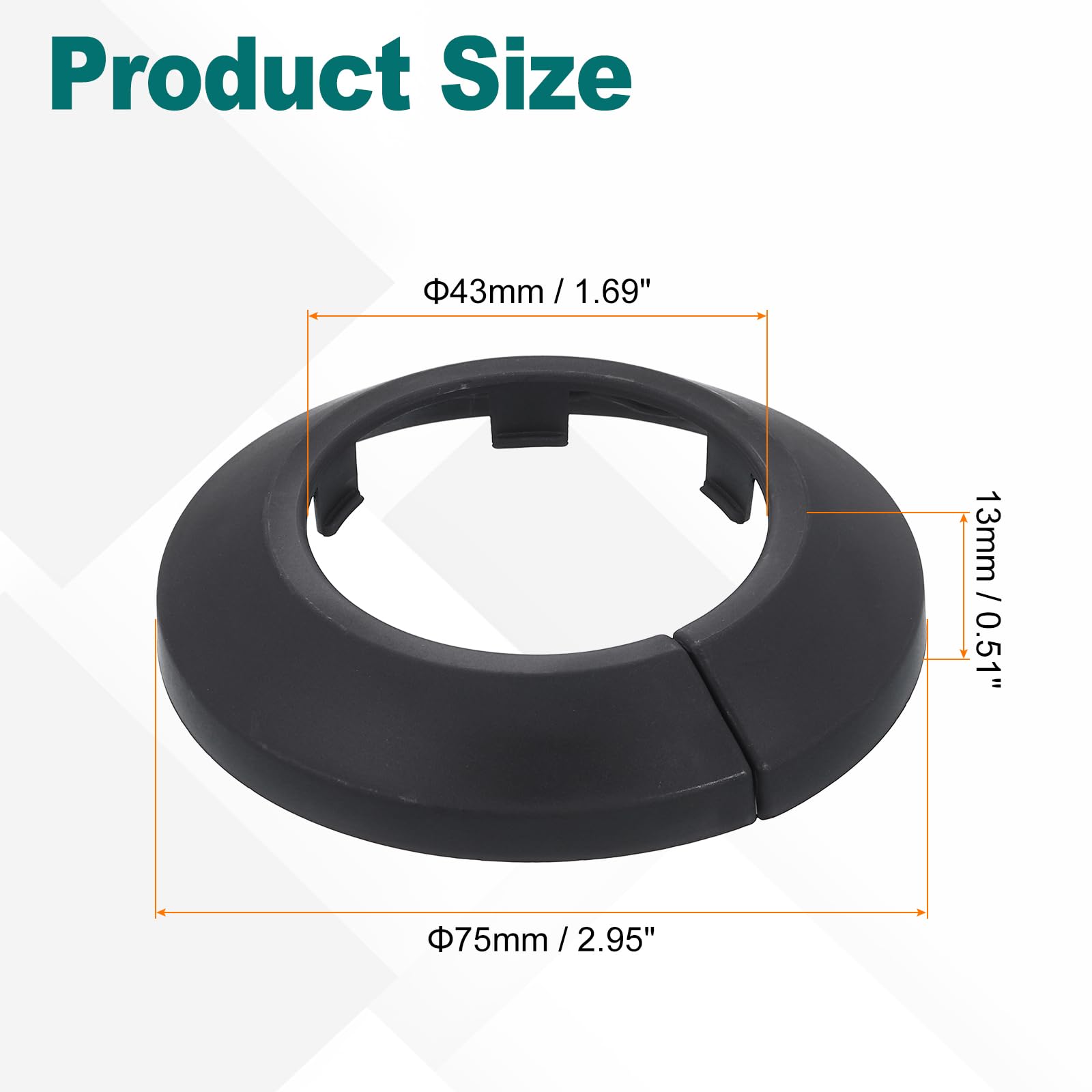Produktbild von Rosettenplatte 43 Mm Für 42,2 Mm Rohr – Geteilter Flansch, PP-Kunststoff, Schwarz, Für Heizungs- & Wasserrohre, 1 Stück