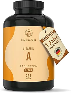 Vitamin A – Retinol hochdosiert (10.000 I.E.) – 365 Tabletten (3.000 µg) – Vit A Kapseln Alternative – Direkt verwertbare Form – Vegan, ohne Zusätze, deutsche Produktion – TRUE NATURE®