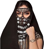 Handmade Egyptian Belly Dance Borko Black Crochet Veil with Silver Coins - Tribal Burqa Face Mask Headband