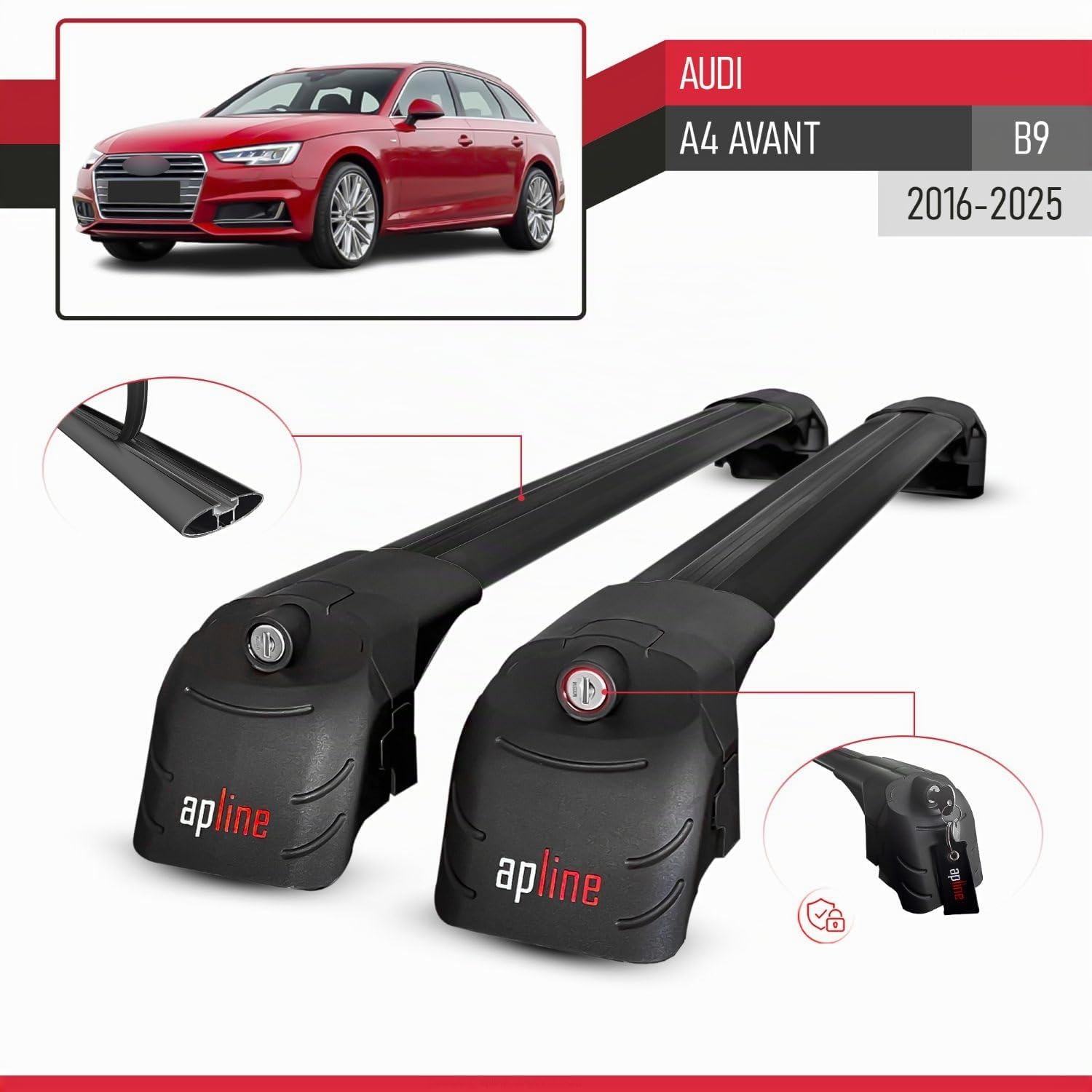 Compatible con Audi A4 (B9) Avant 2016-2024 ACE-2 Barras de Techo Auto Portaequipajes Barras Transversales Negro Aluminio 2 Barras