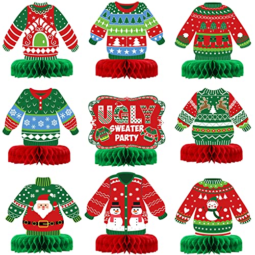 9 Pieces Christmas Ugly Sweater Party Decorations Ugly Sweater Party 3D Tables Topper Xmas Table Honeycomb Centerpieces Ugly Sweater Christmas Ugly Cutouts Centerpieces For Winter Holiday Supplies #TOP30