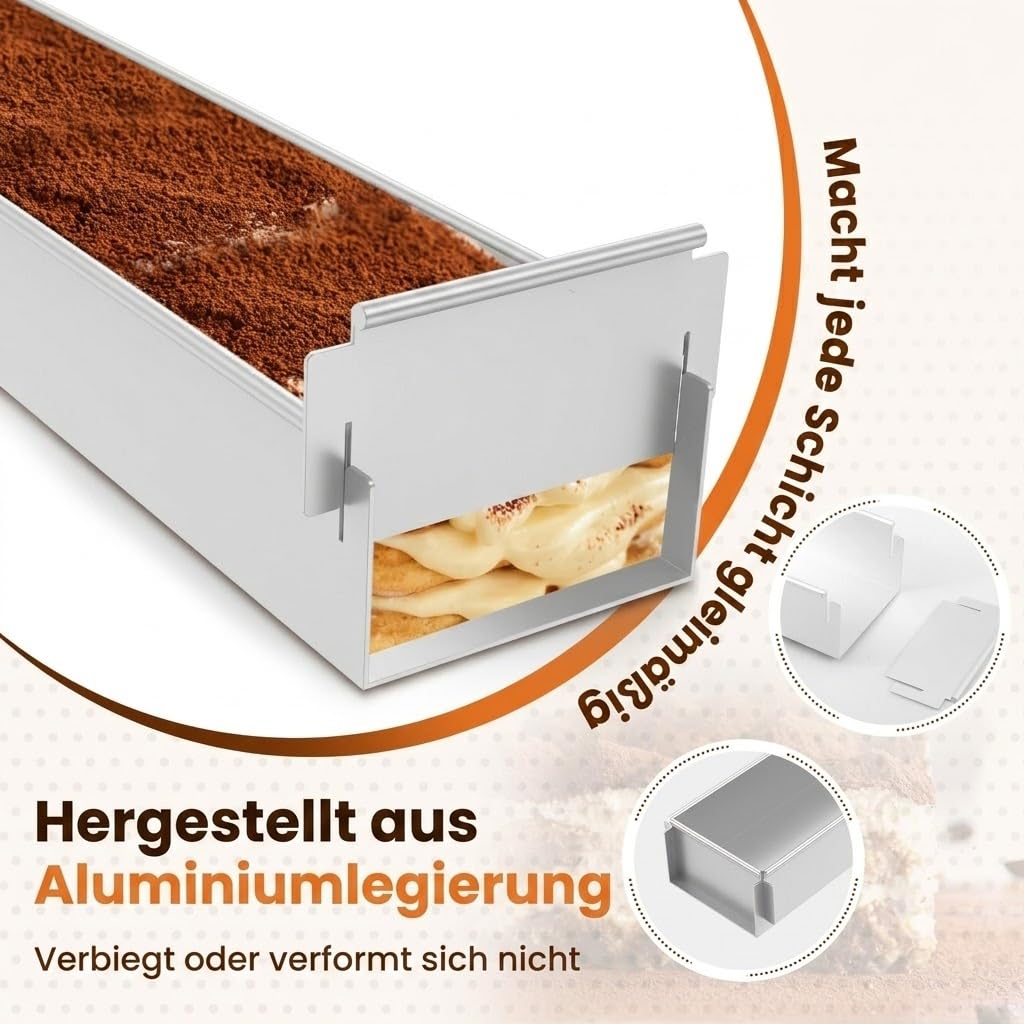 Forma de tiramisú rectangular ajustable con pala para tartas | Marco de aleación de aluminio antiadherente para hornear. Molde ideal para mousse y postres. Fácil de limpiar.