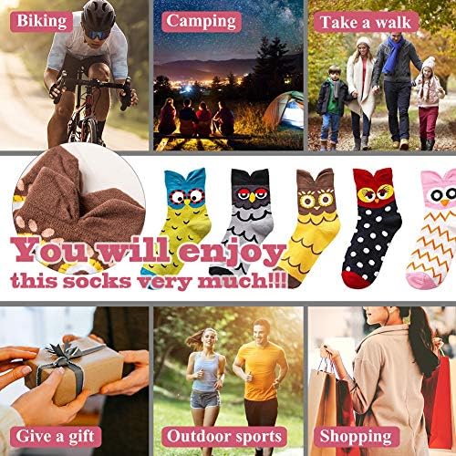 VDSOW Womens Socks Multipack, 5 Pairs Ladies Odd Socks Funny Cotton Socks Funky Animal Owl Socks, Novelty Thick Warm Autumn Winter Fluffy Socks New Year Christmas Birthday Gifts for Women Girls 4-8