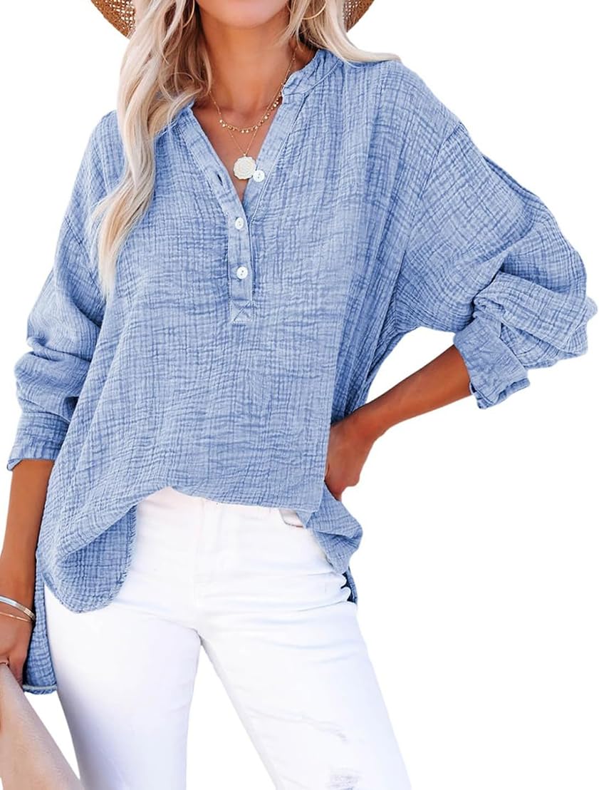 PADOLA Blusas Mujer Verano Camisa Causal Henley Algodon de Botones Camiseta Manga Larga Mujer de Plisado