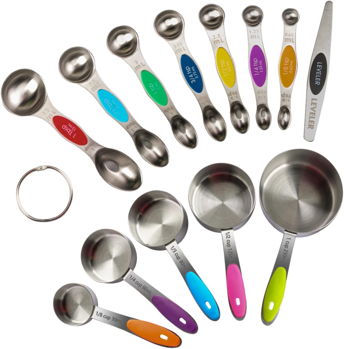 13-Piece Magnetic Measuring Spoons and Cups Set, Stainless Steel Kitchen Measure Tools with Silicone Handles, Nesting Dry and Liquid Measuring Cups for Baking Cooking (Multicolor)