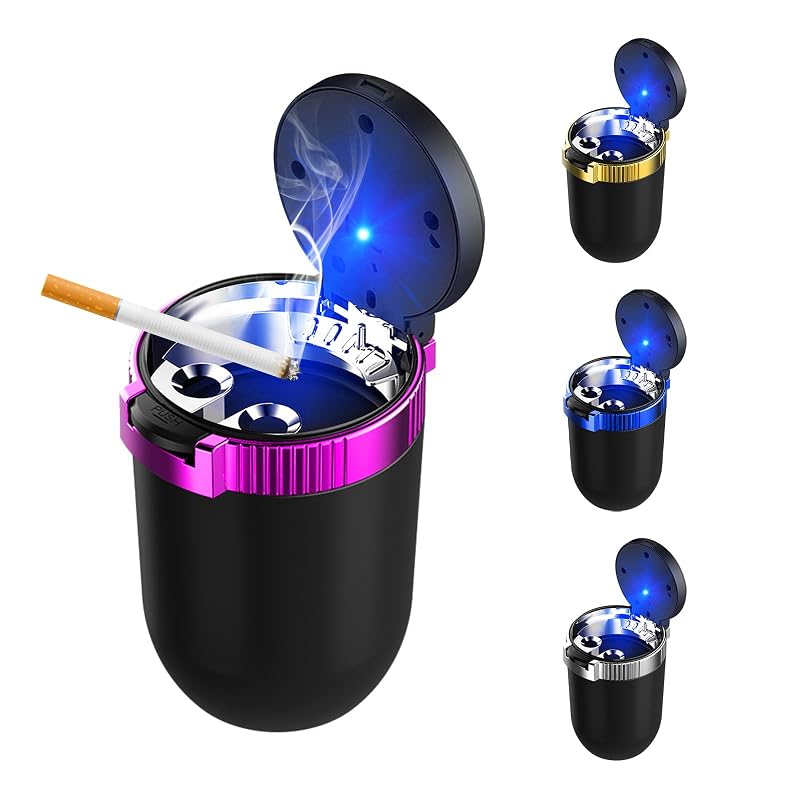 Cinzeiro Automotivo com Tampa Ohleats, Interior em Aço Inoxidável, Luz LED Azul, Roxo