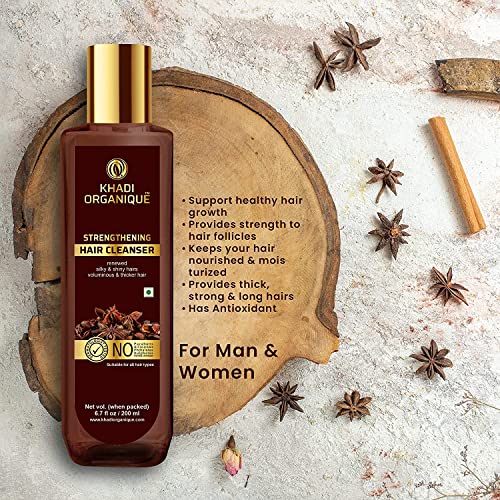 Image of Khadi Organique Strengthening Shampoo | Anti-Dandruff Cleanser | Nourish Hair Follicles, Reduce Frizz & Promotes Hair Growth | SLS & Paraben Free | For Strong, Shiny & Healthy Hair - 200ml (Pack of 1)