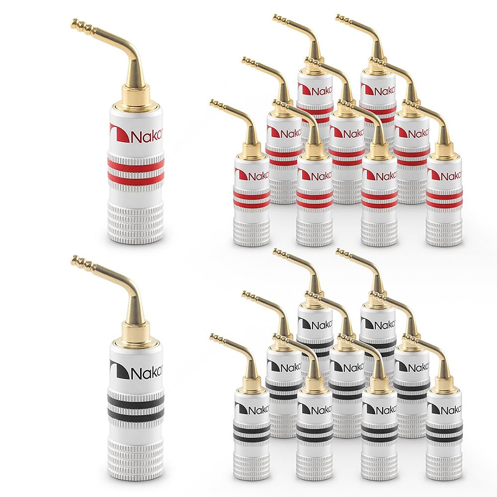 Nakamichi GrubLock Excel Spine Banana con Pin da 2 mm Placcate in Oro 24K, Cavi Altoparlanti 10 AWG – 18 AWG, per Morsetti a Molla, per Amplificatori Hi-Fi, Tipo a doppia vite, 20 Pezzi (10 Paia)