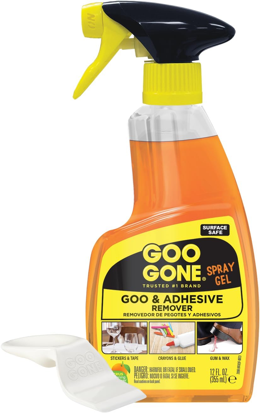 Product image of Goo Gone Adhesive Remover Spray Gel, Removes Chewing Gum, Grease, Tar, Stickers, Labels, Tape Residue, Oil, Blood, Lipstick, Mascara, 12 oz with Sticker Lifter