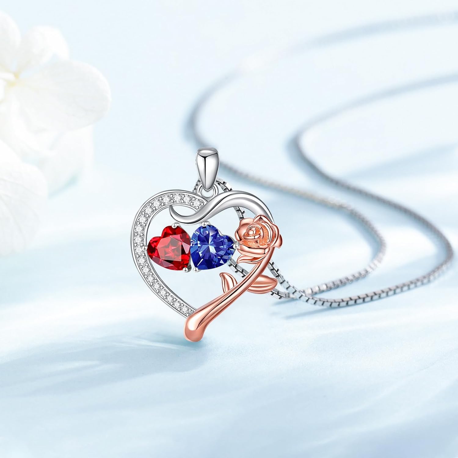 KQ&TTENG Birthstone Necklaces for Women - Rose Flower Heart Pendant Necklace with Double Birthstone Jewelry Anniversary Birthday Gifts for Her Wife Girlfriend Mom - Image 6
