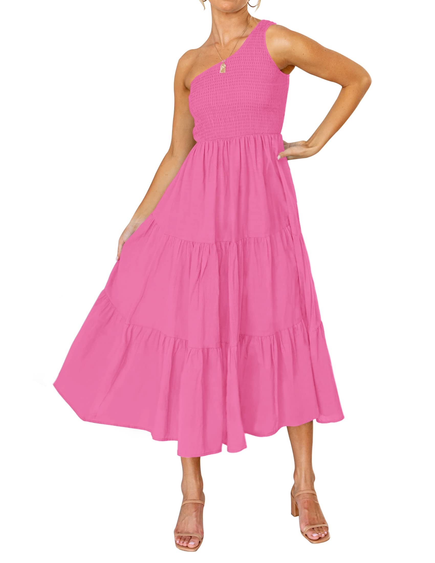 ZESICA Womens Summer Floral One Shoulder Midi Dresses | Sleeveless Long Dress, Ruffle Tiered, Fashion Smocked Dress, Boho, Smocked Bodice, Flowy A Line Dress, Beach Vacation Dress
