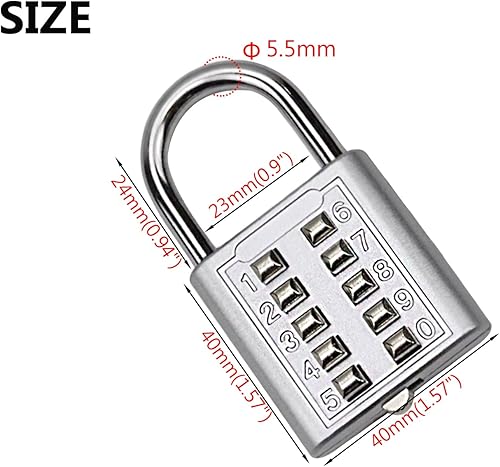 Miniatura 2 de 4 candados de combinación de 10 dígitos para casillero de gimnasio, caja, cajón, caja de herramientas (plata, 2 unidades)