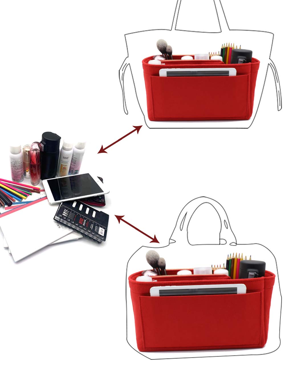 LEXSION Organizer do torebki, filcowy organizer do torebki, organizer do torebki LV Speedy, Neverful, torebka, Shaper 8023 czerwony L, 2-czerwony, L