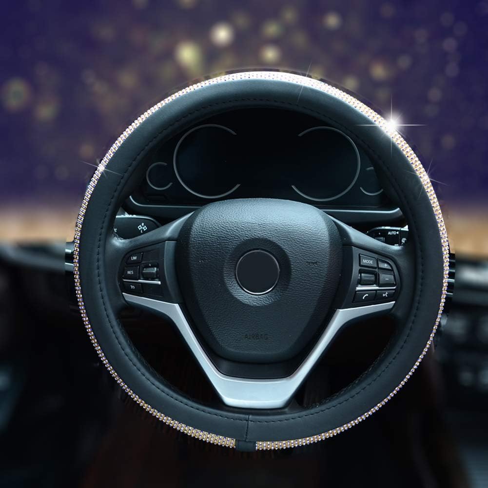 Bling Bling Rhinestones Steering Wheel Cover for Women Diamand Crystal Steering Wheel Cover Universal 15 Inch Gold