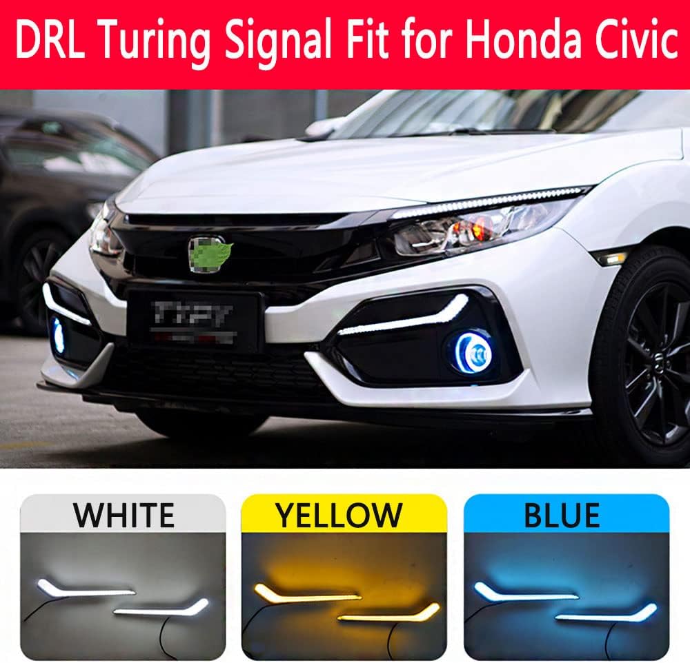 Car DRL Daytime Running Lights Amber Sequential Turning Signal Lamps Ice Blue Night Running Lights, Smoke Lens Front Bumper Left Right, Compatible with Honda Civic 2021