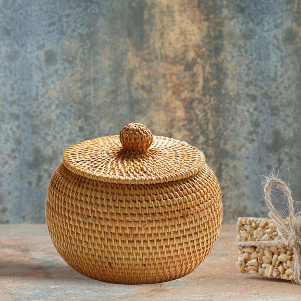 Rotan doos met deksel, 15 cm kleine rotan opbergmand met deksel, multifunctionele rieten tafel opbergdoos voor thuis, boerderij, keuken, decoratie