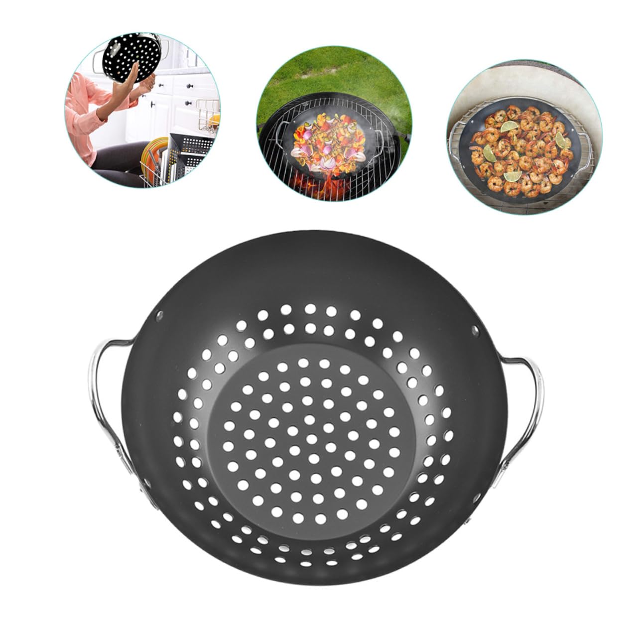 Hemobllo Cestello e Manici Doppi per Grigliare le Verdure in Acciaio al Carbonio Design a Fori Grandi per Uso Professionale All'aperto