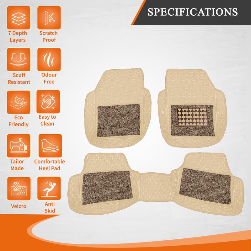 Image of 7D Car Foot Mat Compatible with Citroen C3 | Universal Fit, Luxury Leather Car Floor Mat with Detachable Curly Mat | Waterproof, Anti-Slip | Color: Beige
