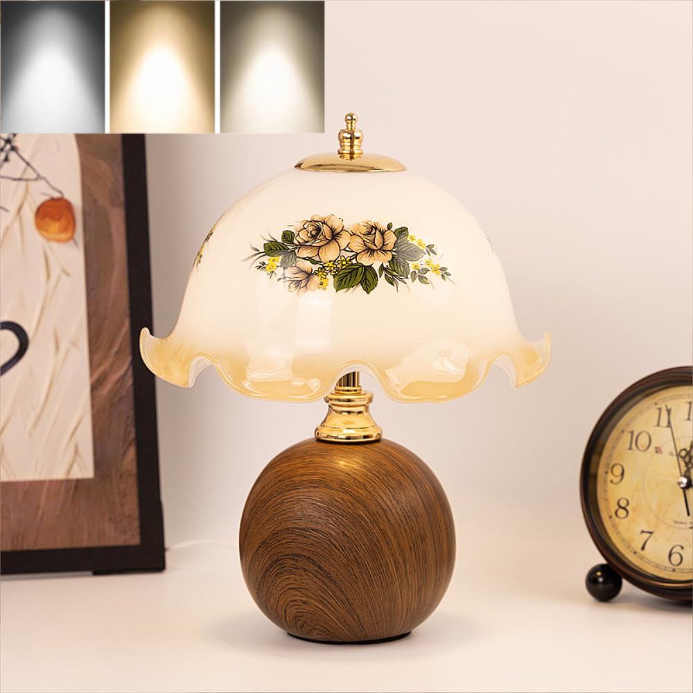 XINYASEE Vintage-Tischlampe mit Holzfuß und floralem Glasschirm, Retro-Nachttischlampe für Schlafzimmer, Wohnzimmer, Büro, Mid-Century-Modern-Dekor (A)
