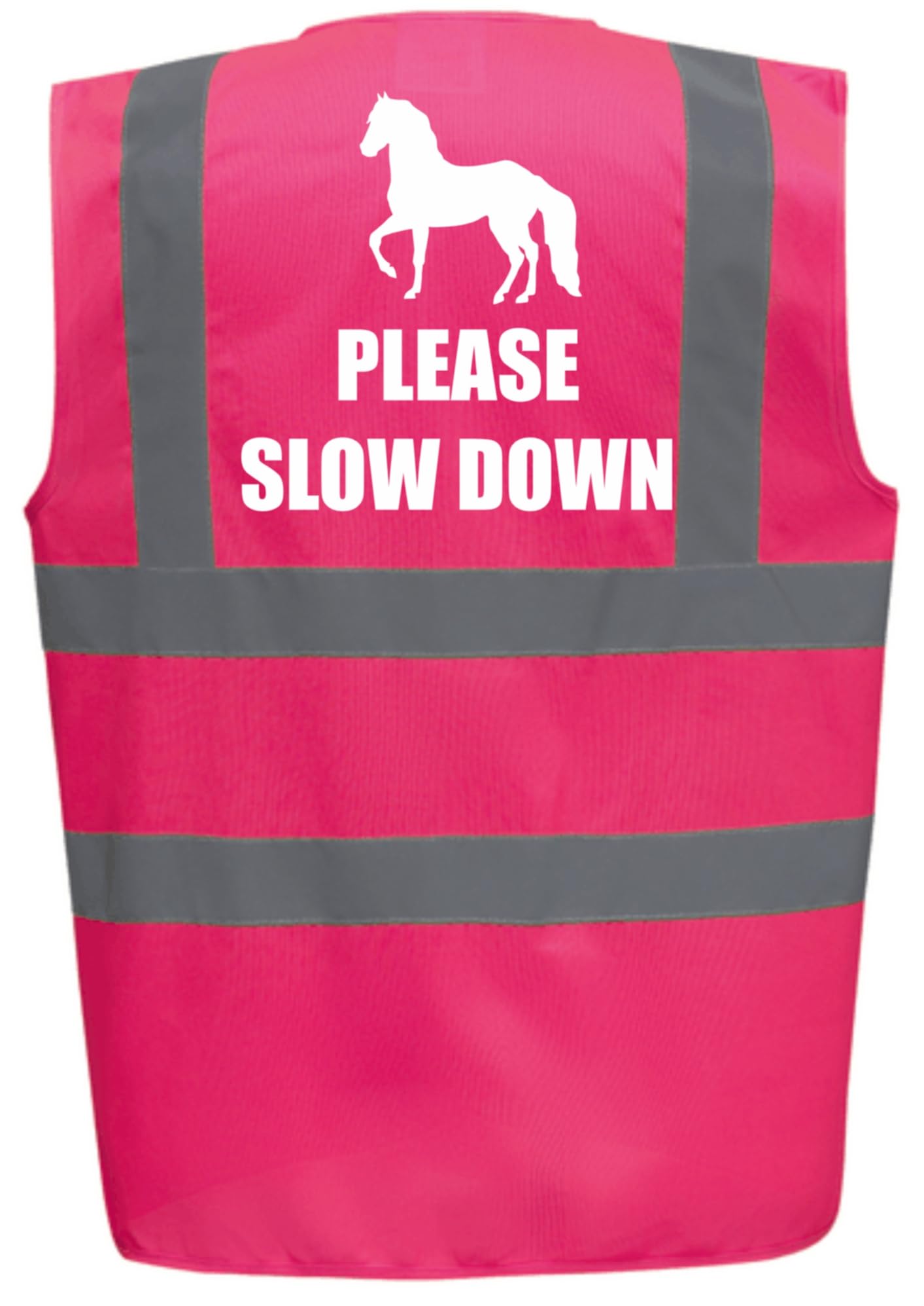Bright Pink High Visibility Vest with White Text PLEASE SLOW DOWN WITH IMAGE- HORSE RIDING By Brook Hi Vis Medium