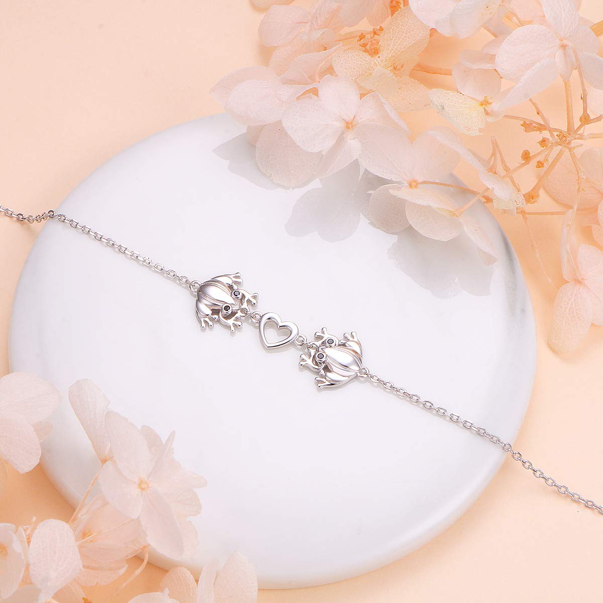 (Salute e longevità) S925 Bracciale a forma di tartaruga/rana in argento Sterling per donne adolescenti e ragazze, regolabile con animale, gioielli da 17 + 5 cm