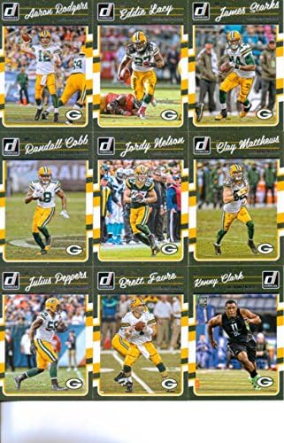 Green Bay Packers Team Set of 12 Cards: Aaron Rodgers(#104), Eddie Lacy(#105), James Starks(#106), Randall Cobb(#107), Jordy Nelson(#108), John Kuhn(#109), Richard Rodgers(#110), Clay Matthews(#111), Julius Peppers(#112), Brett Favre(#113), Kenny Clark(#328), Trevor Davis(#396)
