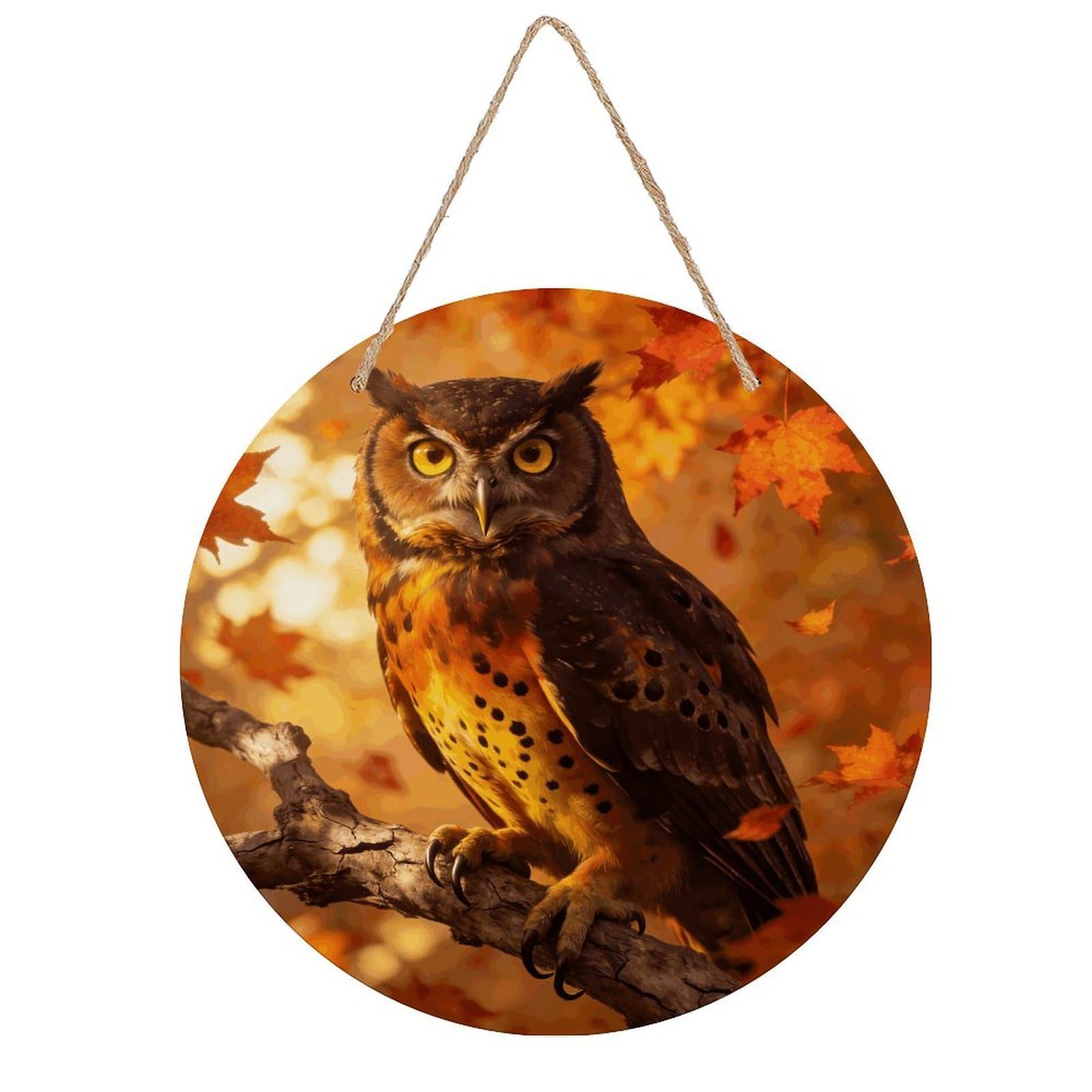 LZQPOEAS Fall Owl Round Wood Wall Art Painting, 7.9 Inch Circular Wooden Door Hanger Decorative Paintings, Rope-Hanging Wooden Wall Plaque for Home Decor And Office Party