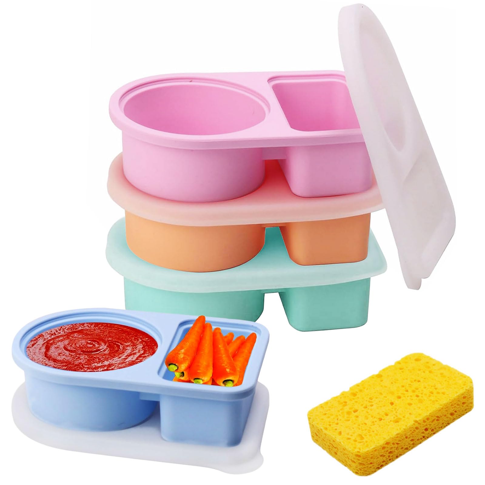 Joyseedi 4 Pack Double Compartment Reusable Snack Pot Pack Containers with Lid - Double Compartment Silicone Snack Conatainer, Silicone Condiment Containers for Snack Sauce (4 Colors)
