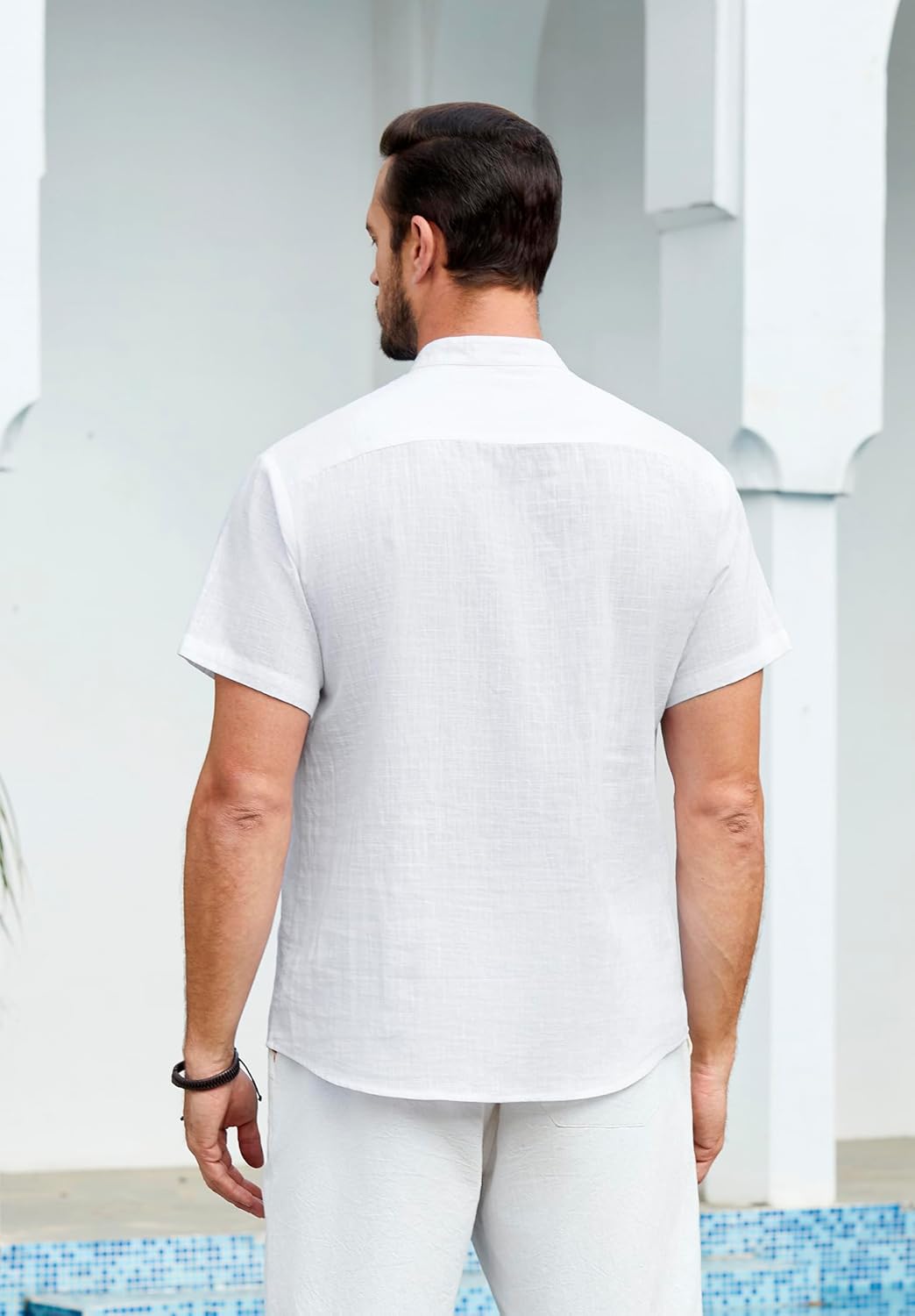 Enlision Mens Cotton Linen Henley Shirts Casual Short Sleeve Shirt Summer Beach Hippie Tshirt Band Collar Shirt for Men - Image 3