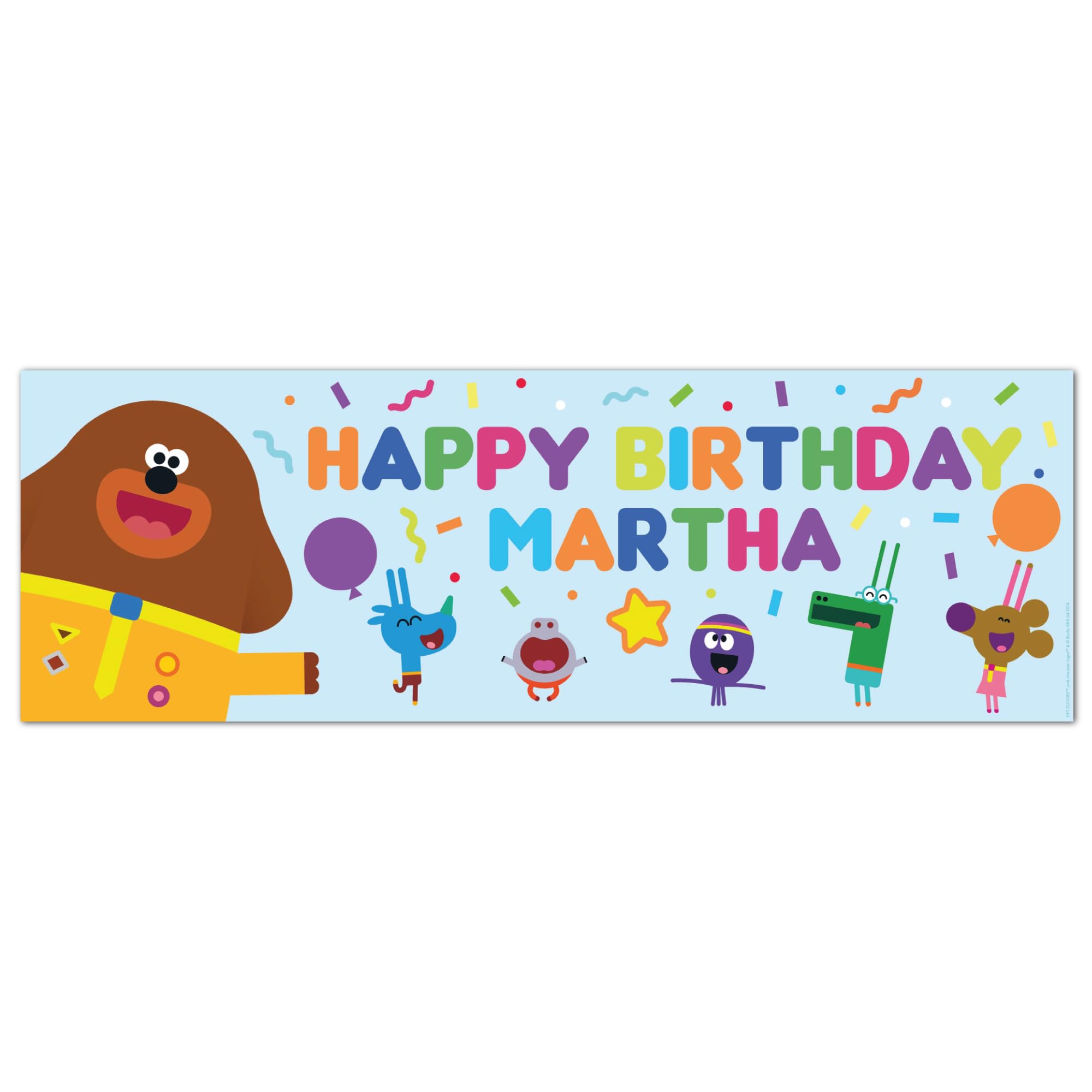 Hey Duggee Birthday - Group Celebration Blue Personalised Name Banner Wall Sticker (90cm width x 30cm height)