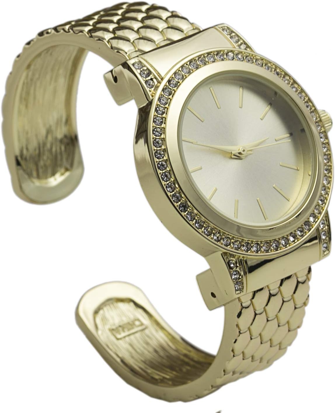 Blekon Collections Quartz Womens Rhinestone Bezel 34mm Case Metal Bangle Cuff Watch (Gold)