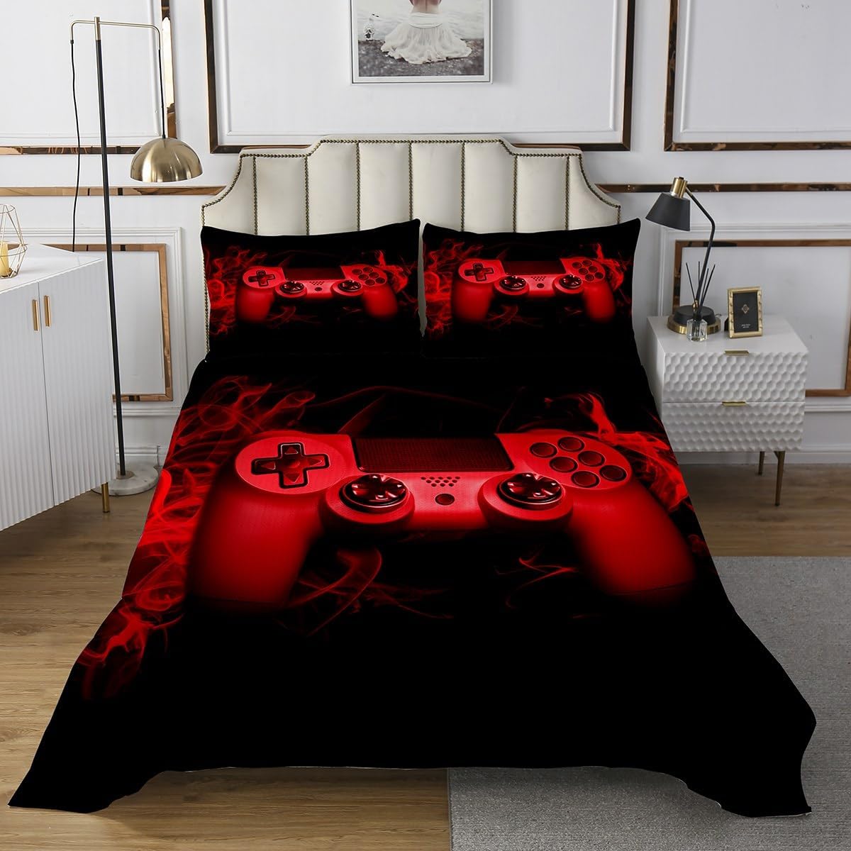 Feeyou Gamer Quilt Set 2Pcs Game Controller Coverlet for Kids Boys Teens Twin Size Gaming Bedspread for All Season (1 Quilt & 2 Pillowcases)