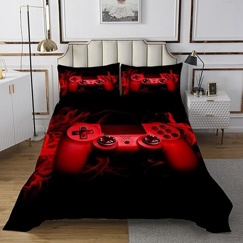 Feeyou - Juego de edredón de 3 piezas con controlador de videojuegos para niños, adolescentes, tamaño Queen, colcha de juegos para todas las