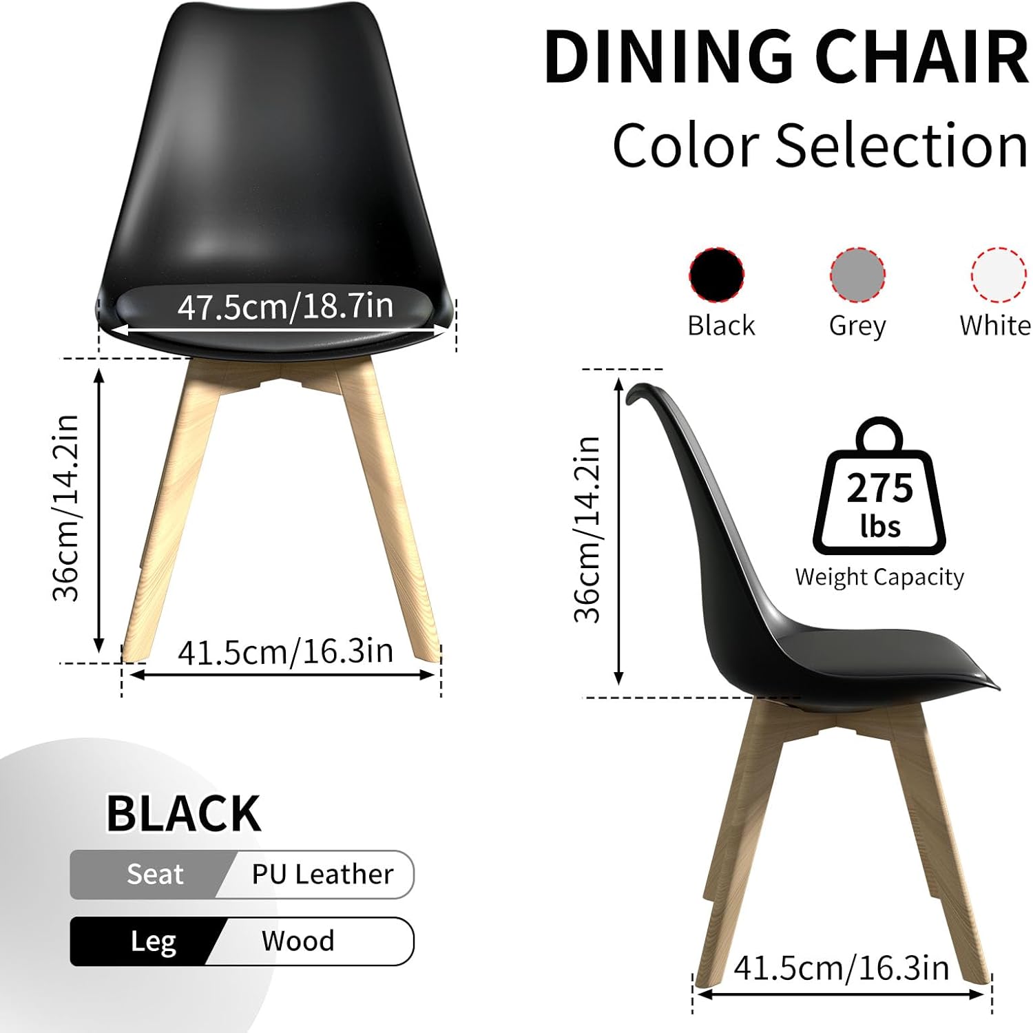 YLGJ&TIDY Dining Chairs Set of 4 Mid Century Modern Chairs PU Leather Padded Wood Legs Kitchen Chairs for Dining Room Living Room Bedroom Kitchen (Black, Pack of 4)