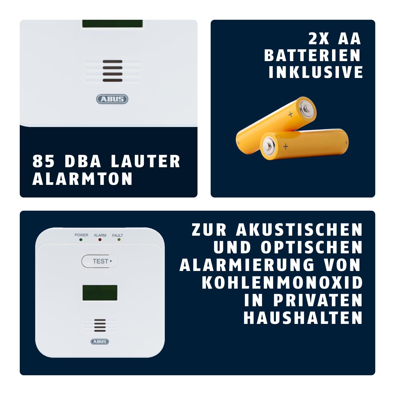 ABUS Kohlenmonoxid-Warnmelder COWM510 85 dB Alarm Prüftaste 10-Jahres-Sensor LCD Display Weiß