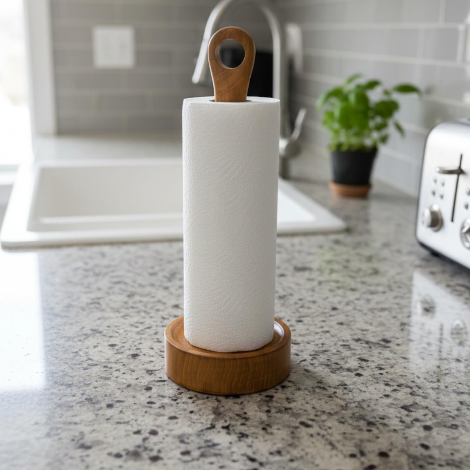 Teak Wood Kitchen Paper Towel Holder | Wooden Paper Towel Stand for Kitchen Countertop, Dining Table & Home Use | Sturdy & Elegant Tissue Roll Holder
