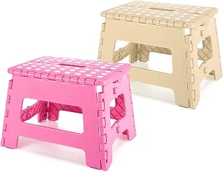 Dyforce Non-Slip Folding Step Stool - 9 inch Height Heavy Duty Foldable Stool for Adults Kids, Small Step Stool Camping Stepping Stool - Pink&Khaki