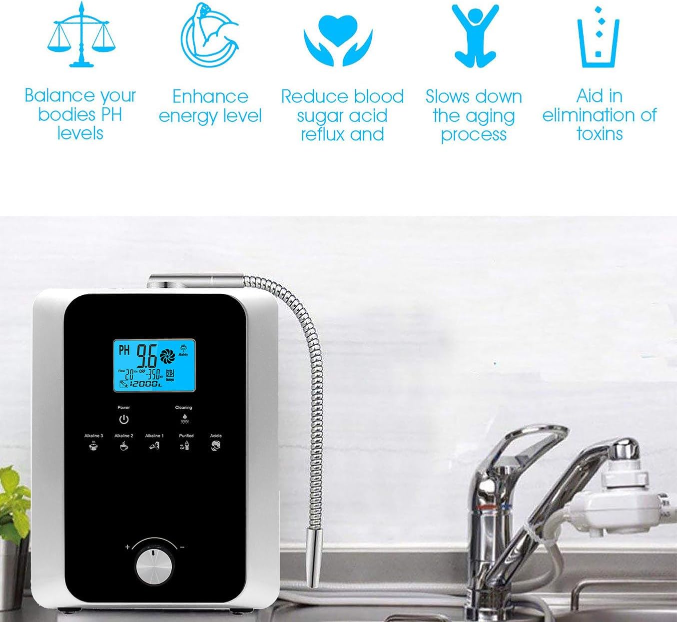 Multifunctional Water Purifier Machine Water Ionizer pH 2.8-11 Acidic Alkaline Water Filtration Device Auto-Cleaning Water Ionizer for Various Water