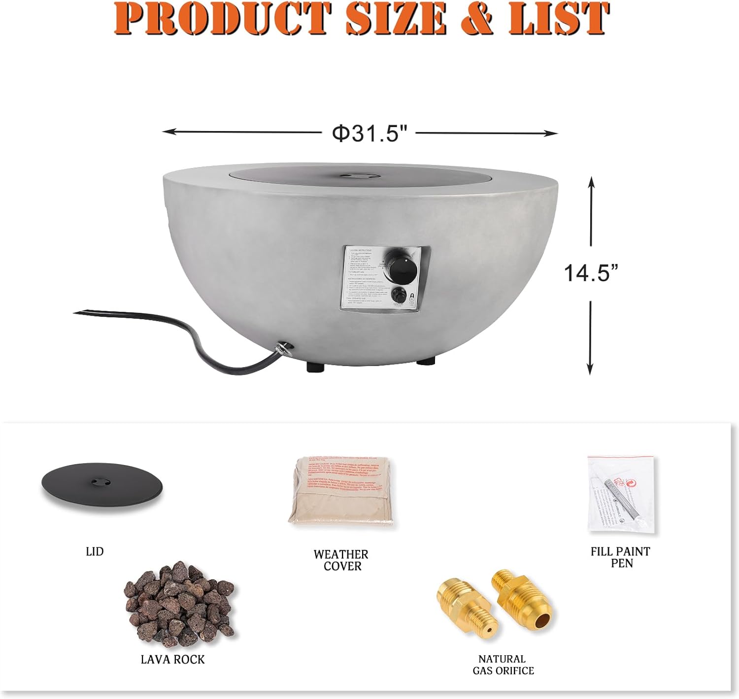 31.5 Inch Round Propane Fire Pit Table - Concrete Round Fire Bowl 50,000 BTU Natural Gas Firepit Burner with Steel Lid, Lava Rocks, Waterproof Cover for Outside Patio, Backyard, Party