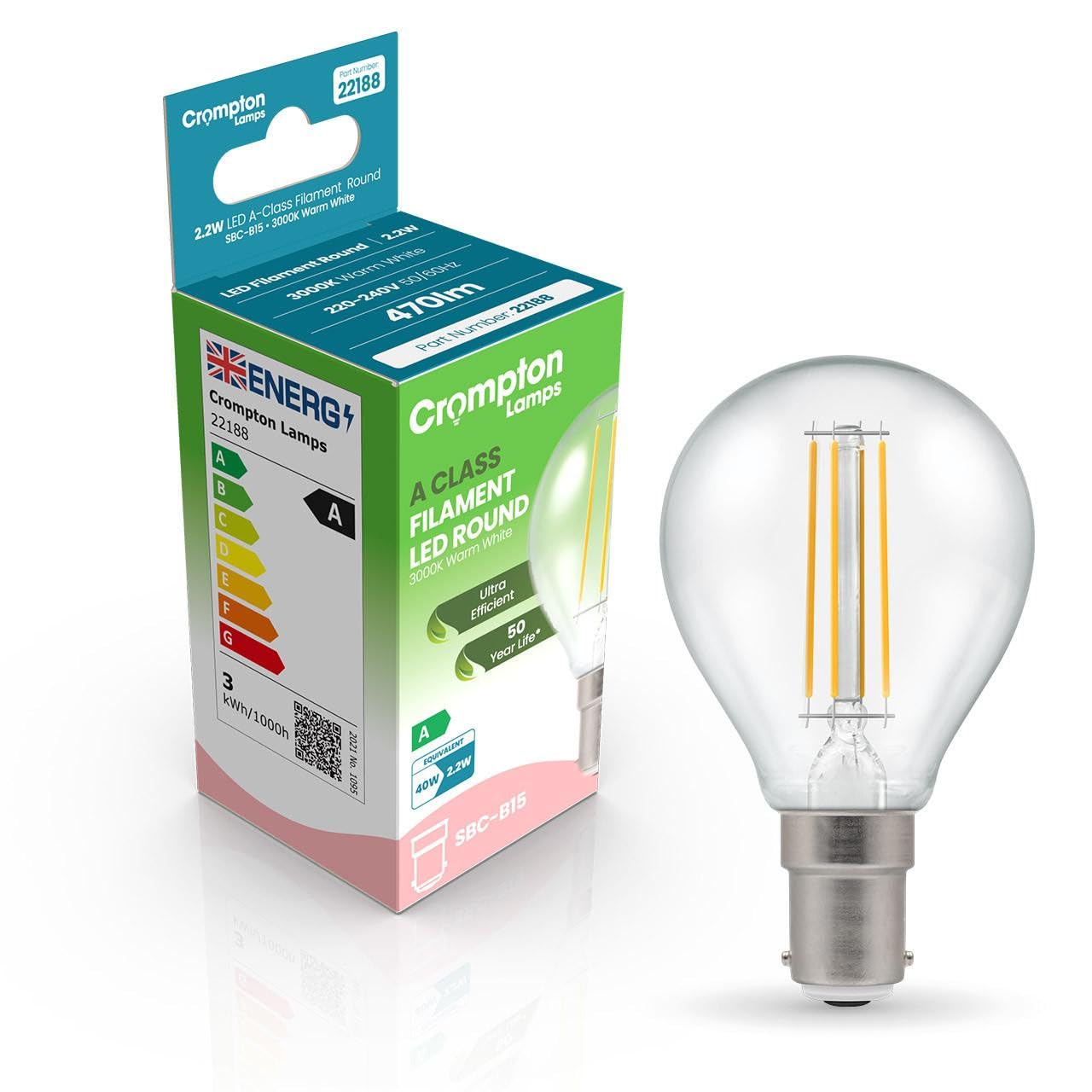 Crompton Lamps LED Ultra-Efficient Golfball 2.2W SBC-B15d A-Class (40W Equivalent) 3000K Warm White Clear 470lm SBC Small Bayonet B15 Round Energy Efficient Filament A-Rated Light Bulb