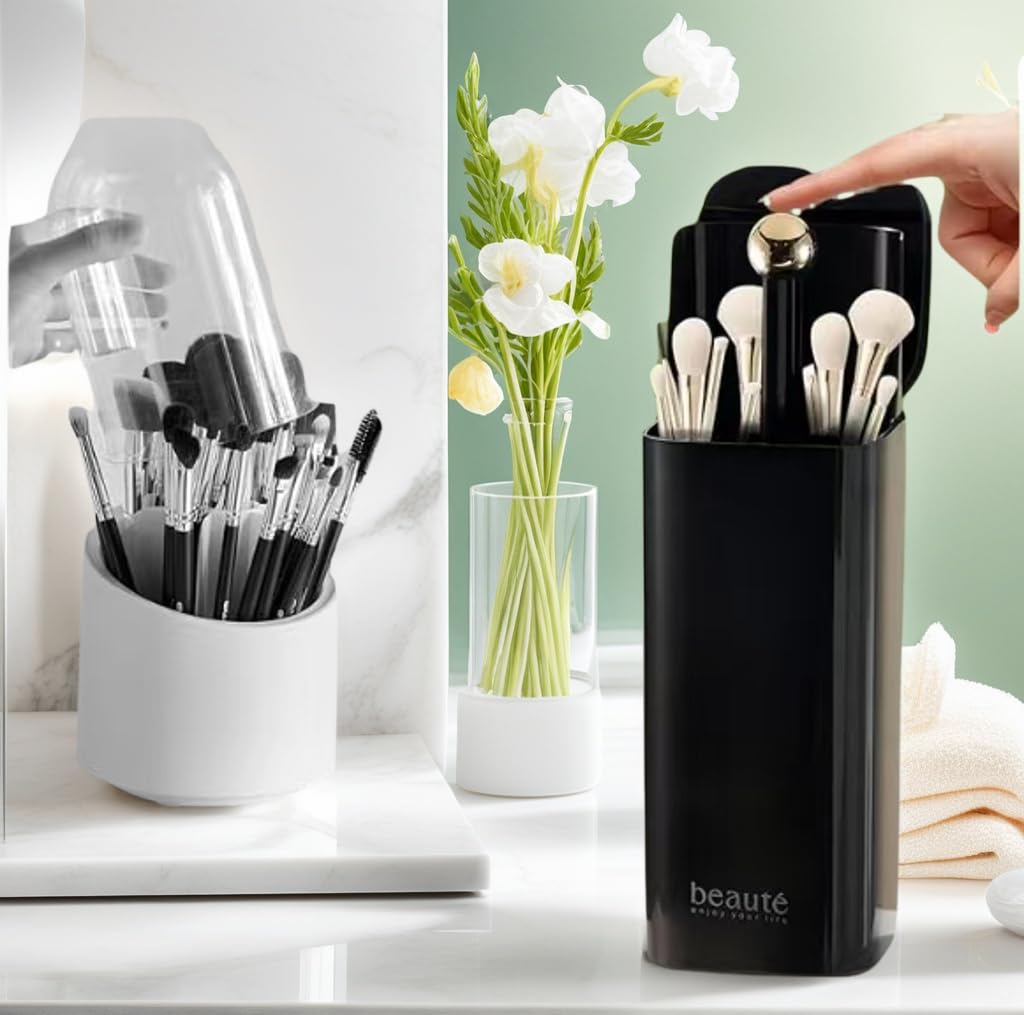 Organizador portátil de brochas de maquillaje de un solo toque con tapa, diseño abierto de 4 compartimentos, impermeable y a prueba de polvo, caja de almacenamiento de cosméticos para tocador de baño