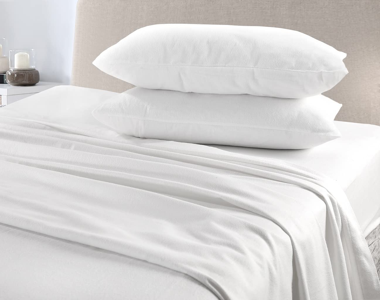 HOMES-LINEN Flannelette 100% Brushed Cotton Sheet Set Fitted Sheet Flat Sheet & Pillow Cases (White, Single)