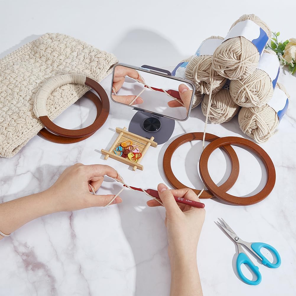 ACRNIGHEET Crochet Bag Kit for Beginners Adults Tote Bag Knitting Kit with 2 Wooden Handles Boho DIY Craft Kits Gift for Adults with Video Guide Tutorial Crochet Starter Kit (Beige)