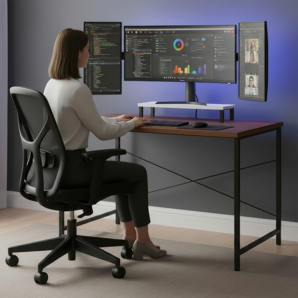 FURLAY Home Office Computer Desk with Monitor Shelf, Modern Writing Desk with Wood Top & Metal Frame, Small Study Table Workstation for Laptop, Gaming & Bedroom – (100 x 60 cm, Vertex – Woodland)