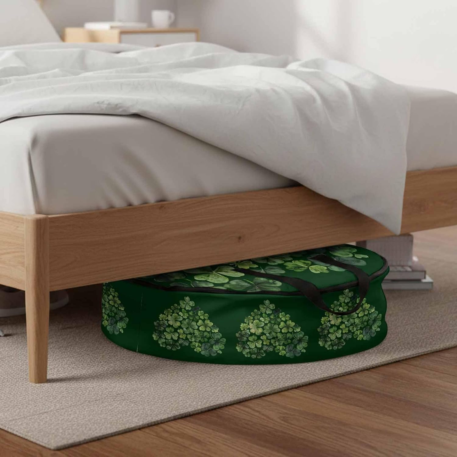 St. Patrick's Day Round Storage Bag 36 Inch, Spring Lucky Shamrock Love Heart Green Clothes Storage Container with Handles Heavy Duty Organizer for Comforter, Bedding & Holiday Wreaths