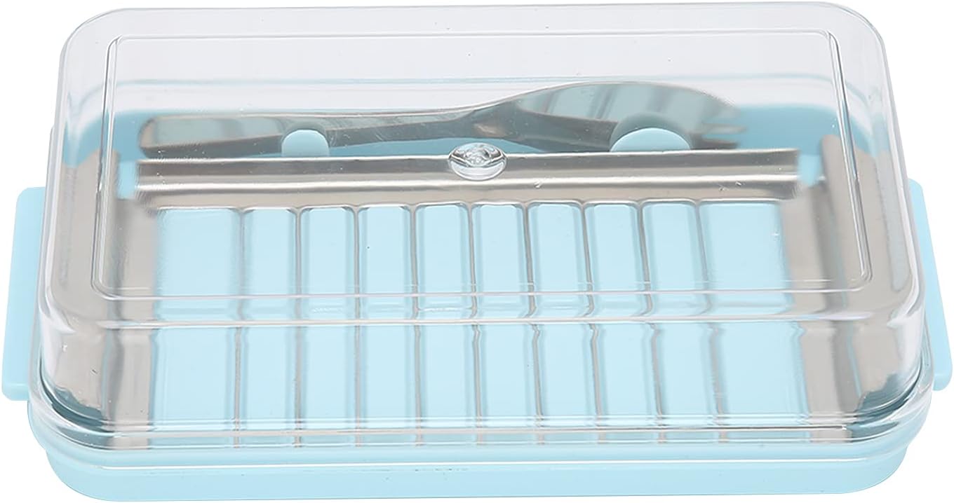 Butter Cutter Box, Stainless Steel Butter Cutter Container Cheese Storage Box with Transparent Cover Butter Cutter Container Kitchen Supplies for Home Kitchen(Blue Bottom)