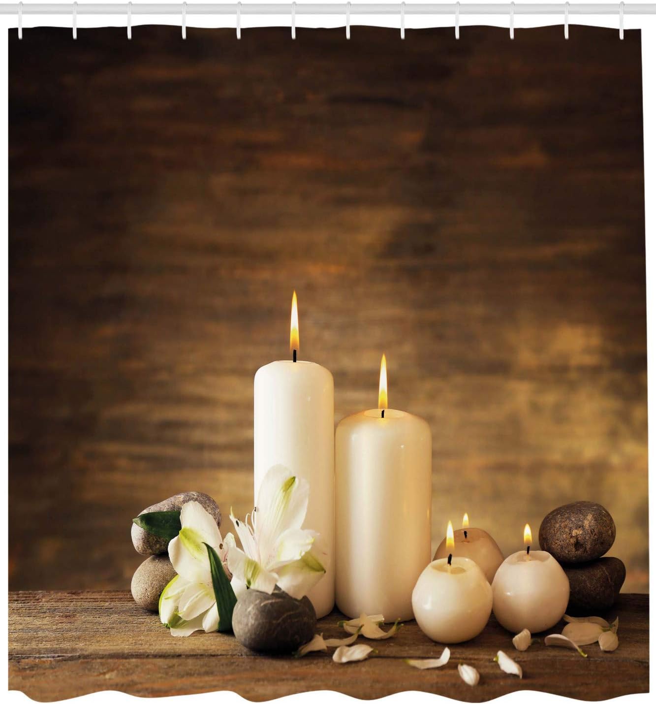 Ambesonne Spa Shower Curtain, Winter Valentines Day Couples Themed Candle Flowers and Stones Image Print, Cloth Fabric Bathroom Decor Set with Hooks, 69" W x 75" L, White Black and Brown
