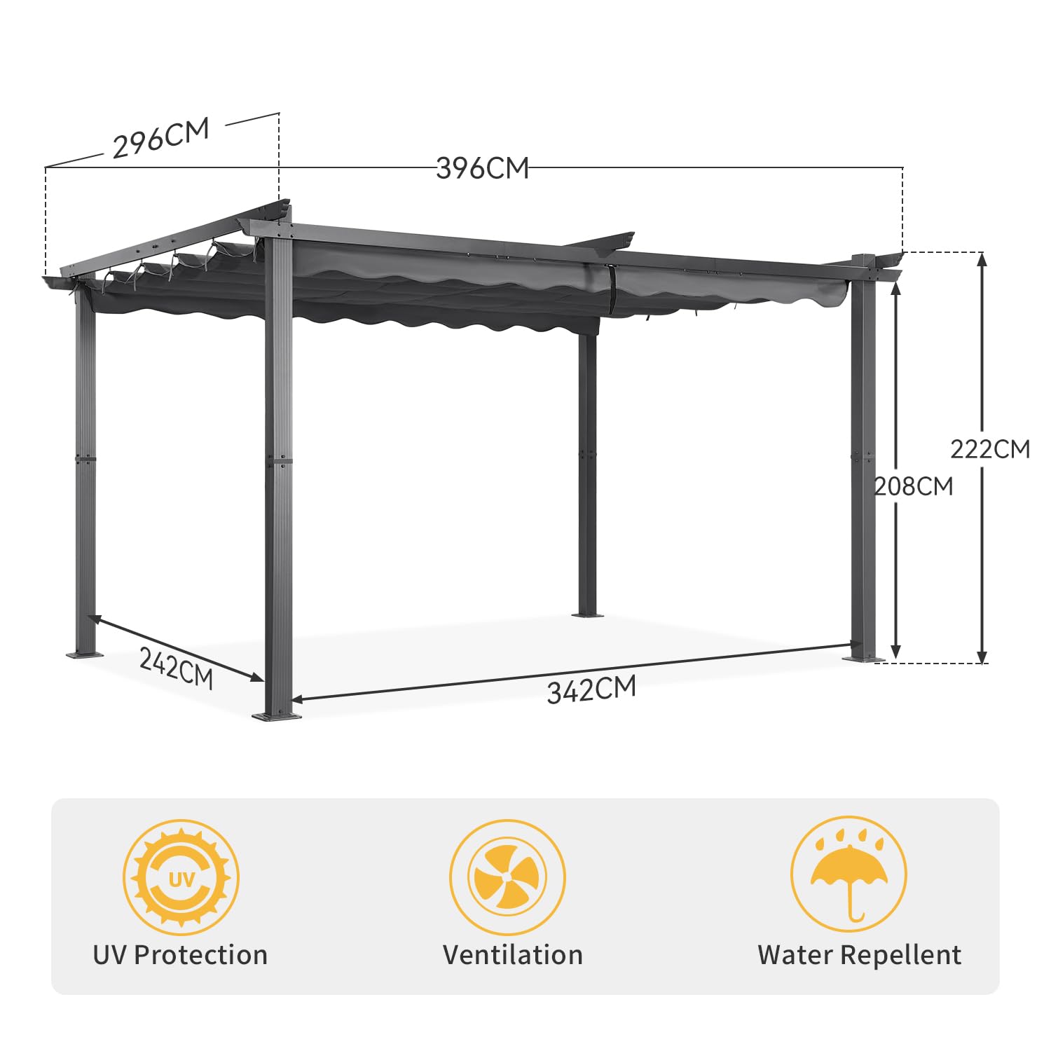 Angel Living Garten Pergola 3 x 4 m Pavillon Gartenpavillon aus Aluminium in anthrazit, Dachrohre aus Stahl, Verstellbares Dach aus Polyester Grau